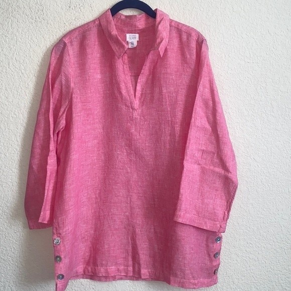 Sigrid Olsen Linen VNeck Tunic pink buttons cottage boho lagen M blouse - Picture 1 of 12
